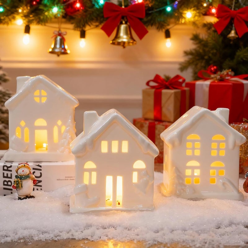 NEROSUN Ceramic Christmas Village Houses, 3Pcs LED Lighted Porcelain White Small House Tabletop Figurines, Light Up Christmas Decorations for Home Shelf Cabinet Table Winter Decor - Image 5